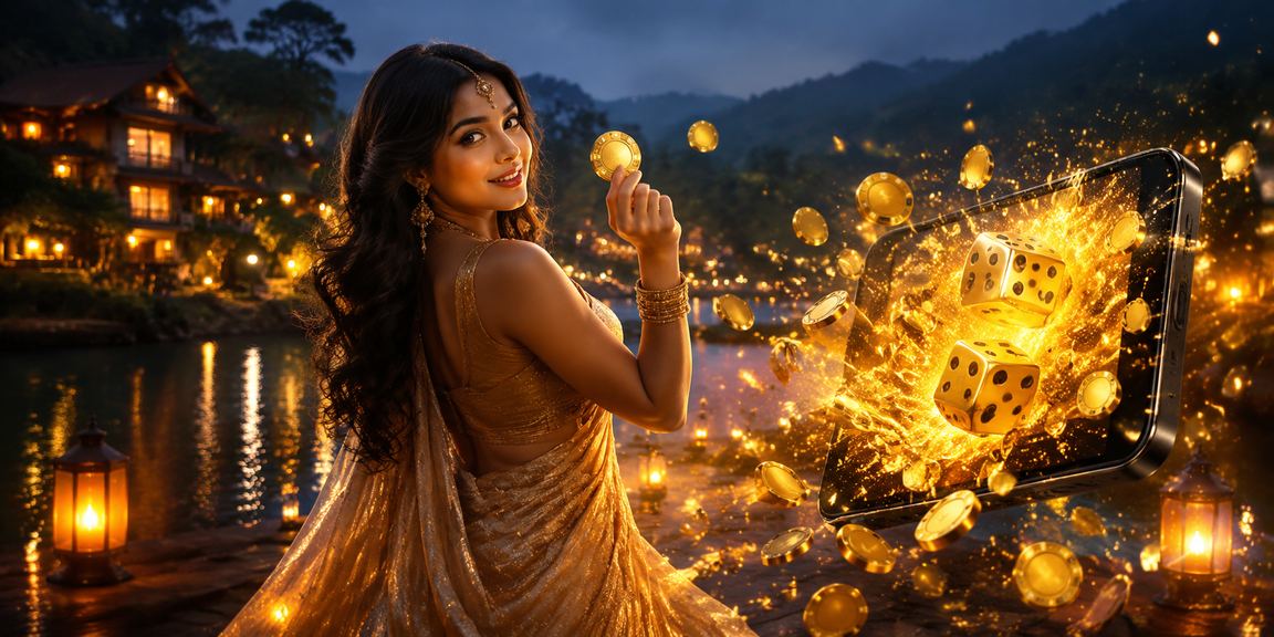 বান্দরবানে শাড়ি পরা একজন নারী মোবাইলে ডাইস গেম খেলছেন পাহাড়ি পরিবেশে
